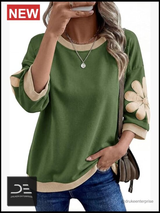 Tops - Oversized 3/4 Sleeve Floral Patch Crewneck Pullover Sweatshirt